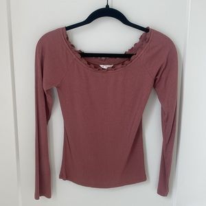 Aeropostale Mauve Wide Lettuce Trim Neck Ribbed Long Sleeve Top